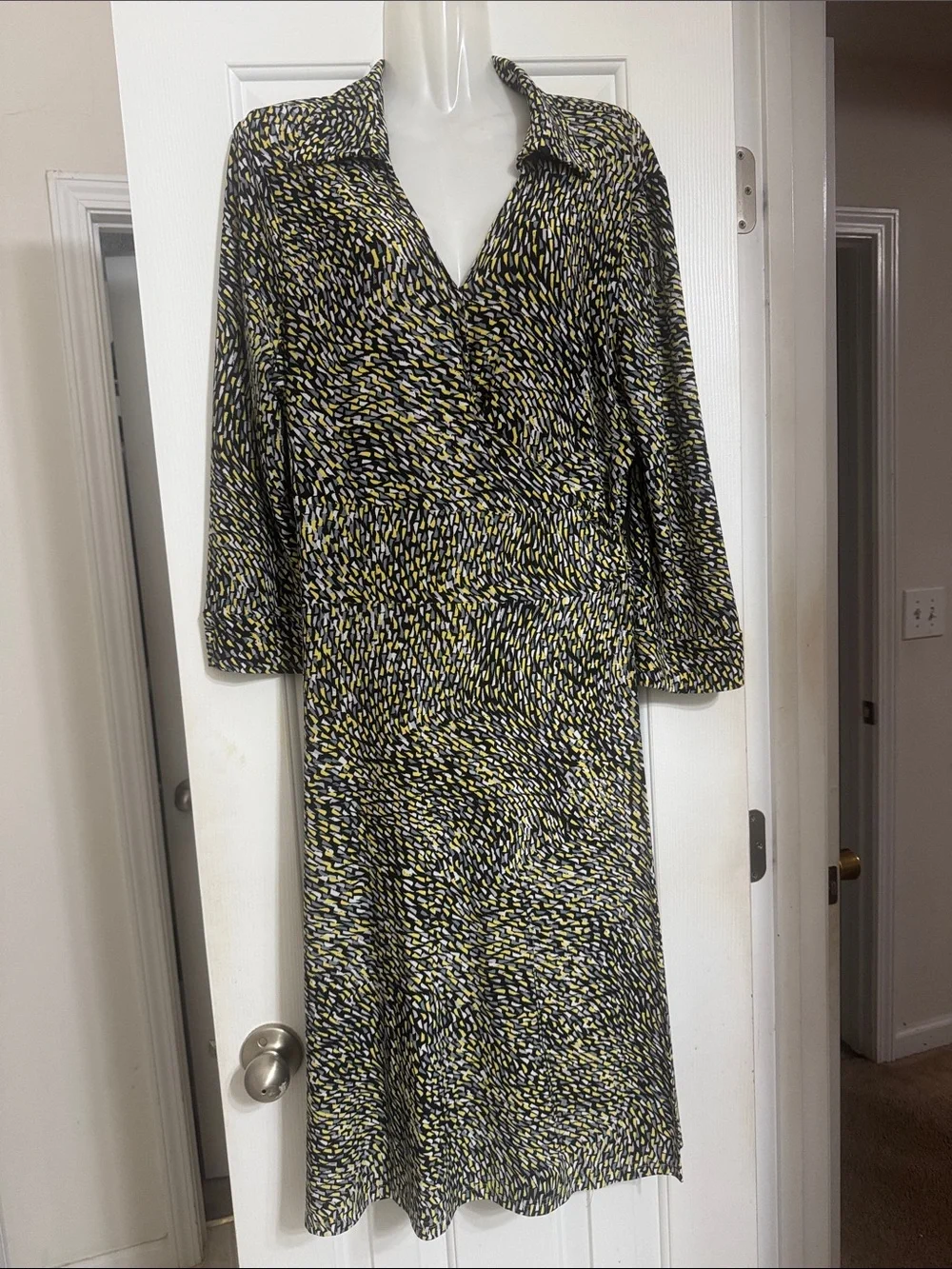 Jones New York Black, Yellow & White Abstract Midi Wrap Dress - Picture 1 of 5